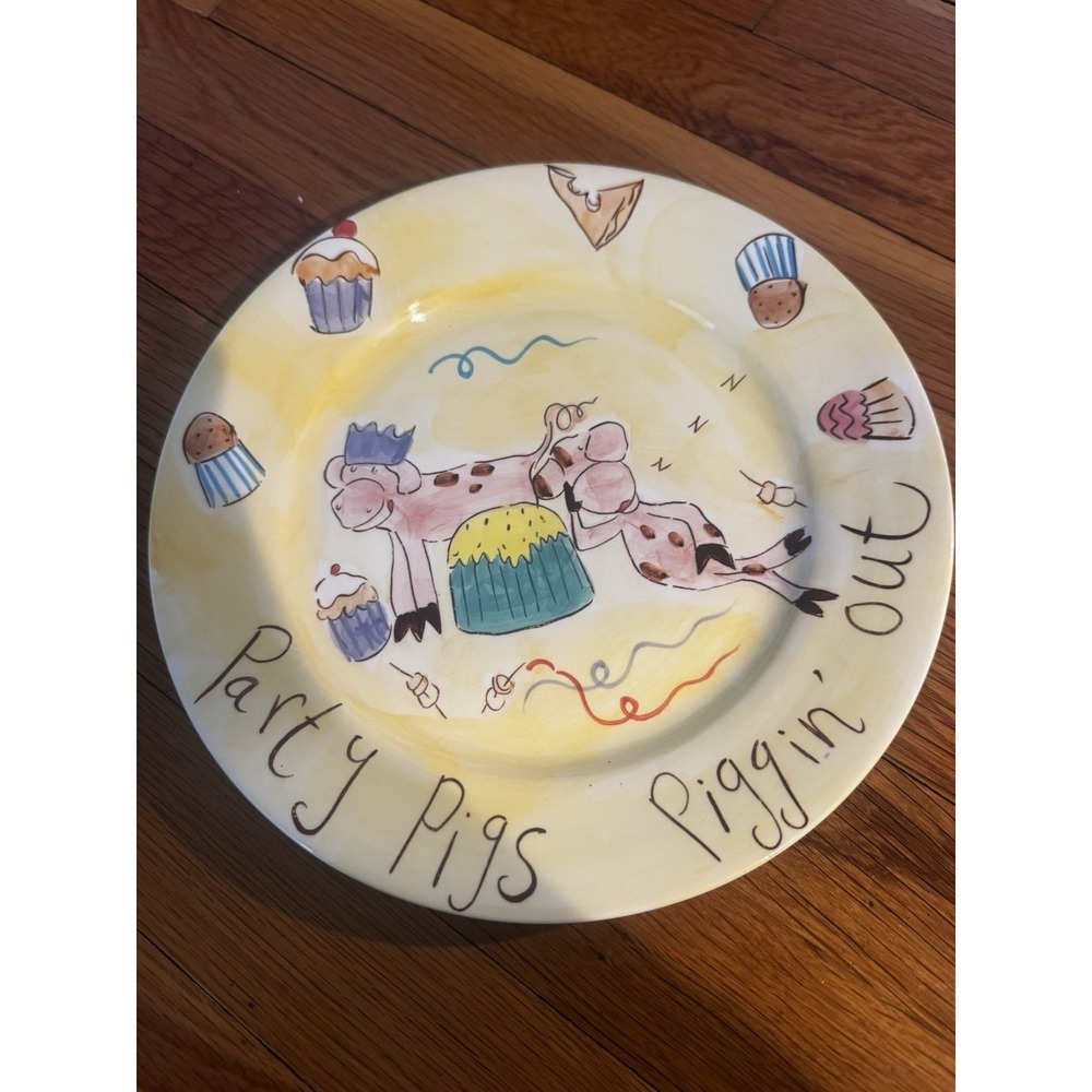 Beth For Whittard Of Chelsea Painted Party Pigs Yellow Plate 10'' Diameter
